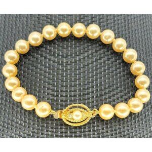 Vintage Faux Pearl Bracelet W/Gold Tone Faux Pearl &  Rhinestone Clasp, Unsigned